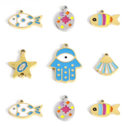2 Stück 316 Edelstahl Charms Muschel Bunt Fisch Emaille