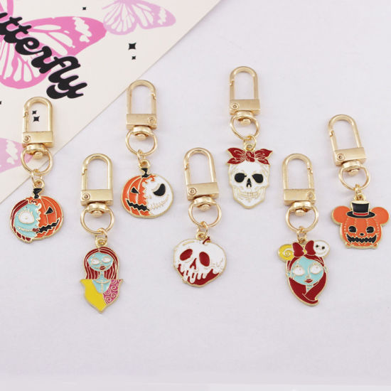 Image de Porte-Clés Mignon Doré Multicolore Halloween Citrouille Visage de Fantôme Émail 1 Pièce