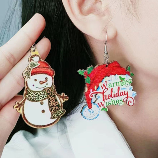 ウッド シンプル イヤリング 多色 滴 ドロップ クリスマス サンタクロース 透かし 1 ペア の画像