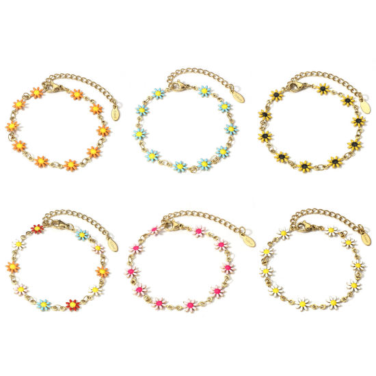 Image de 1 Pièce Bracelets Chaîne à Maillons Faite à la Main en 304 Acier Inoxydable Plaqué Or 18K Marguerite avec Fermoir Mousqueton et Chaîne d'Extension 16cm long