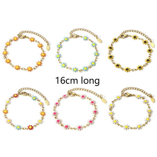 Image de 1 Pièce Bracelets Chaîne à Maillons Faite à la Main en 304 Acier Inoxydable Plaqué Or 18K Marguerite avec Fermoir Mousqueton et Chaîne d'Extension 16cm long