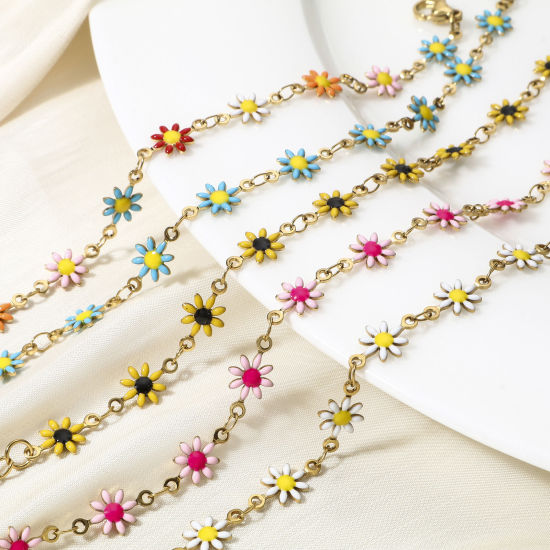 Image de 1 Pièce Bracelets Chaîne à Maillons Faite à la Main en 304 Acier Inoxydable Plaqué Or 18K Marguerite avec Fermoir Mousqueton et Chaîne d'Extension 16cm long