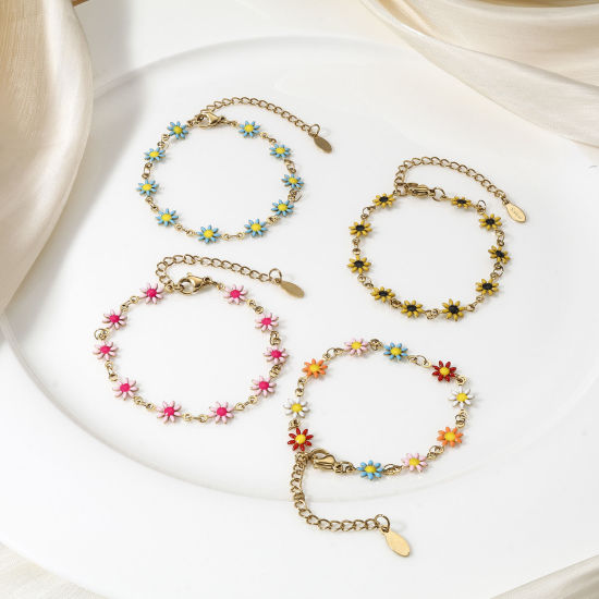 Image de 1 Pièce Bracelets Chaîne à Maillons Faite à la Main en 304 Acier Inoxydable Plaqué Or 18K Marguerite avec Fermoir Mousqueton et Chaîne d'Extension 16cm long