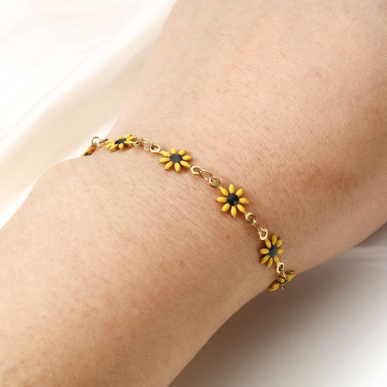 Image de 1 Pièce Bracelets Chaîne à Maillons Faite à la Main en 304 Acier Inoxydable Plaqué Or 18K Marguerite avec Fermoir Mousqueton et Chaîne d'Extension 16cm long