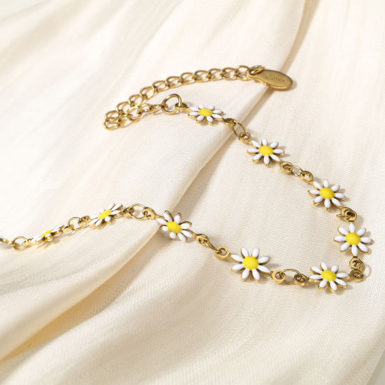 Image de 1 Pièce Bracelets Chaîne à Maillons Faite à la Main en 304 Acier Inoxydable Plaqué Or 18K Marguerite avec Fermoir Mousqueton et Chaîne d'Extension 16cm long