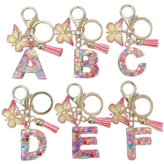 1 個 樹脂 おしゃれ キーチェーンとキーリング 金メッキ ピンク 蝶 キャピタルレター 文字内容「A-Z」 の画像