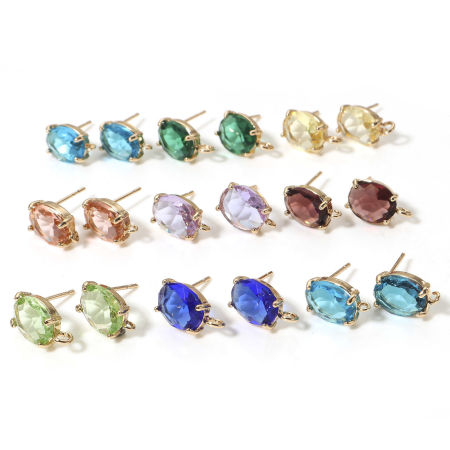 Brass & Glass Ear Post Stud Earrings Gold Plated Oval Multicolor Rhinestone With Loop