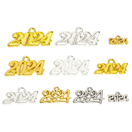 20 Pcs Pendentifs Année en Alliage de Zinc Multicolore Mots " 2024 "