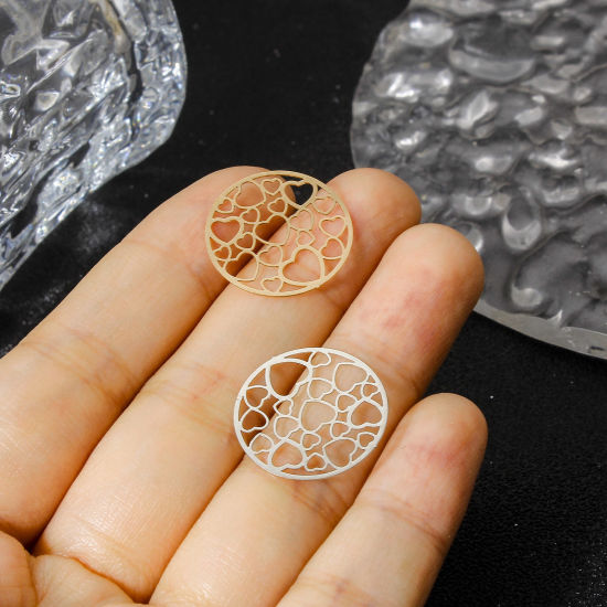 Picture of Iron Based Alloy Filigree Stamping Connectors Charms Pendants Multicolor Round Heart Hollow 19mm Dia.