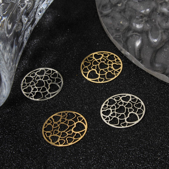 Picture of Iron Based Alloy Filigree Stamping Connectors Charms Pendants Multicolor Round Heart Hollow 19mm Dia.