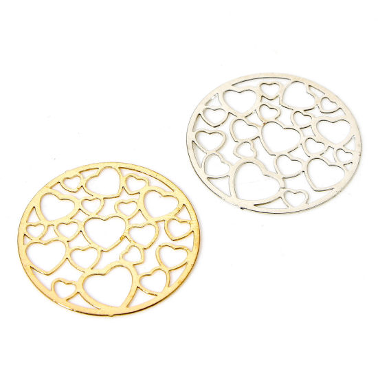 Picture of Iron Based Alloy Filigree Stamping Connectors Charms Pendants Multicolor Round Heart Hollow 19mm Dia.