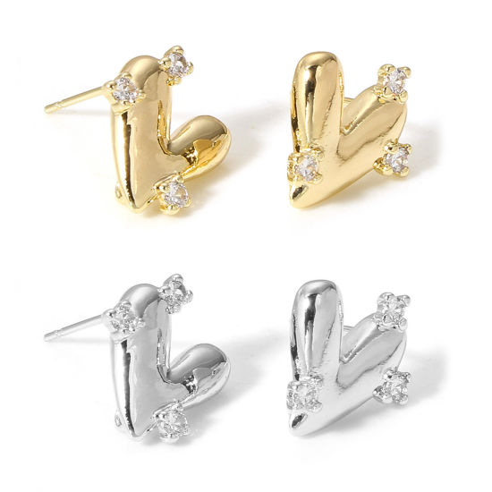 Picture of Brass Couple Ear Post Stud Earring With Loop Connector Accessories Real Gold Plated Heart Clear Cubic Zirconia