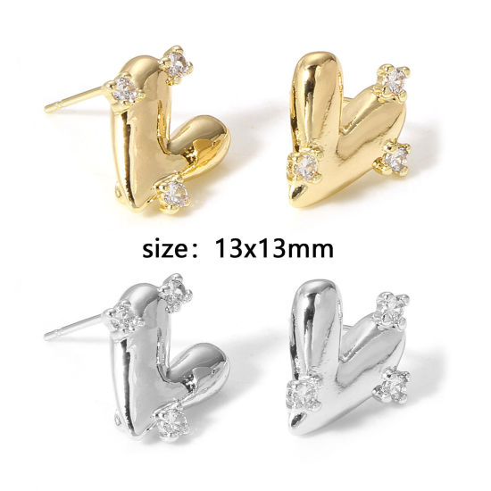 Picture of Brass Couple Ear Post Stud Earring With Loop Connector Accessories Real Gold Plated Heart Clear Cubic Zirconia