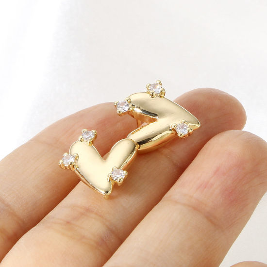 Picture of Brass Couple Ear Post Stud Earring With Loop Connector Accessories Real Gold Plated Heart Clear Cubic Zirconia