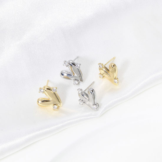 Picture of Brass Couple Ear Post Stud Earring With Loop Connector Accessories Real Gold Plated Heart Clear Cubic Zirconia