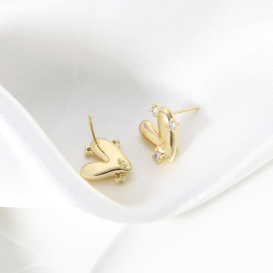 Picture of Brass Couple Ear Post Stud Earring With Loop Connector Accessories Real Gold Plated Heart Clear Cubic Zirconia