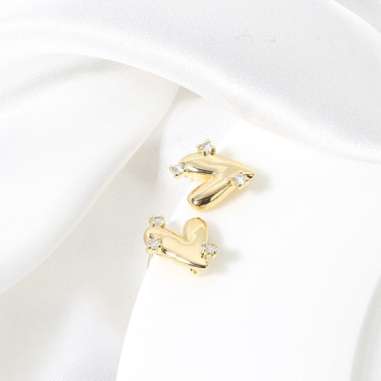 Picture of Brass Couple Ear Post Stud Earring With Loop Connector Accessories Real Gold Plated Heart Clear Cubic Zirconia