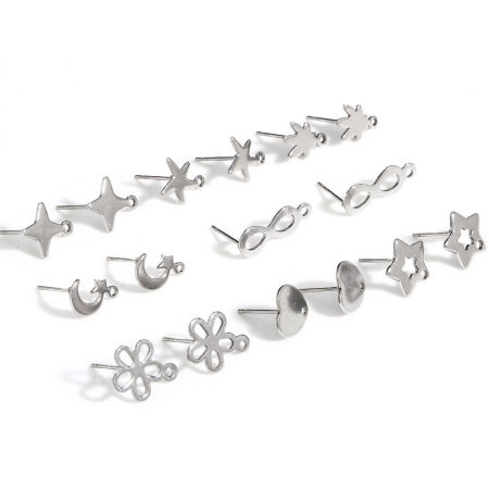 304 Stainless Steel Ear Post Stud Earring With Loop Connector Accessories Silver Tone