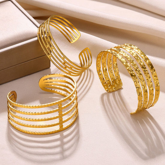 Image de 1 Pièce Bracelet Manchette Jonc Semi-Ouvert en 304 Acier Inoxydable Plaqué Or 18K Texture Texturé 5.8cm Dia