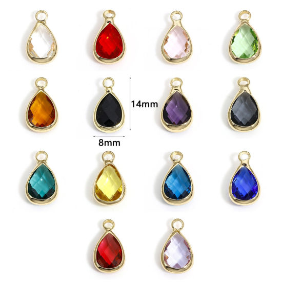 Image de 5 Pcs Breloques Pierres de Naissance en Laiton+Verre Doré Multicolore Goutte d'Eau A Facettes 14mm x 8mm