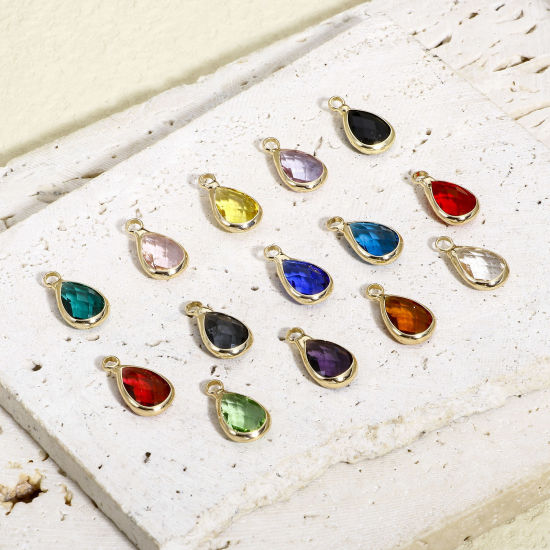 Image de 5 Pcs Breloques Pierres de Naissance en Laiton+Verre Doré Multicolore Goutte d'Eau A Facettes 14mm x 8mm