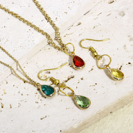 Image de 5 Pcs Breloques Pierres de Naissance en Laiton+Verre Doré Multicolore Goutte d'Eau A Facettes 14mm x 8mm