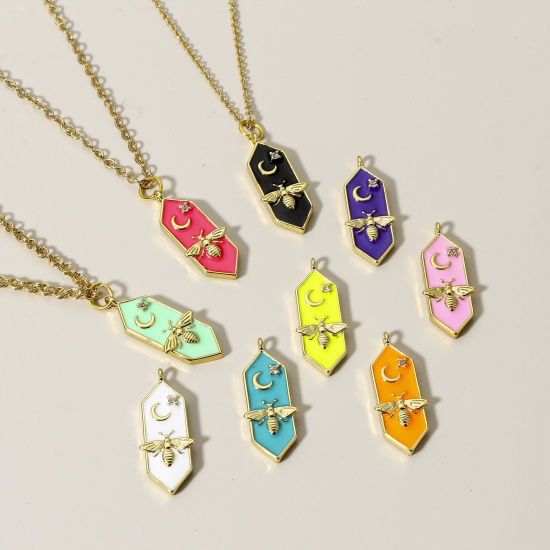 Picture of Brass Charms 18K Real Gold Plated Multicolor Bee Animal Moon Enamel Clear Cubic Zirconia 24mm x 8mm