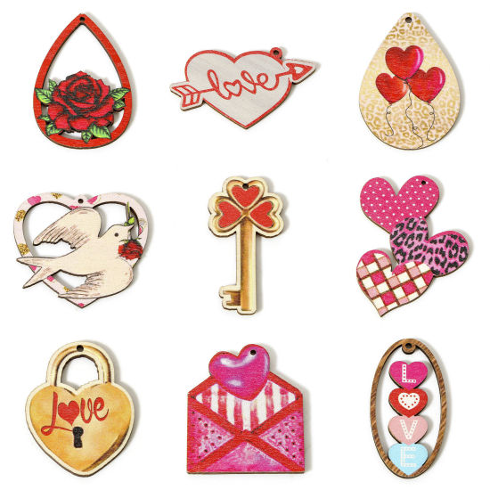 Image de 10 Pcs Pendentifs La Saint Valentin en Bois Naturel Multicolore