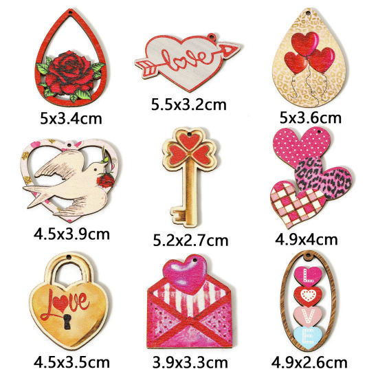Image de 10 Pcs Pendentifs La Saint Valentin en Bois Naturel Multicolore