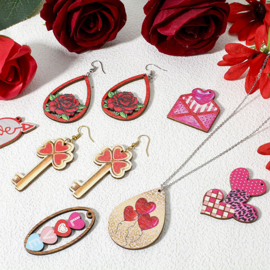Image de 10 Pcs Pendentifs La Saint Valentin en Bois Naturel Multicolore