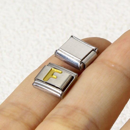 Image de 1 Pièce Bracelet à Maillons Breloques Italiens Accessories de Fabrication de Bracelets Bijoux DIY en 304 Acier Inoxydable Argent Mat Or Rectangle Alphabet Initial/ Lettre Majuscule Mots " A-Z " Émail 10mm x 9mm