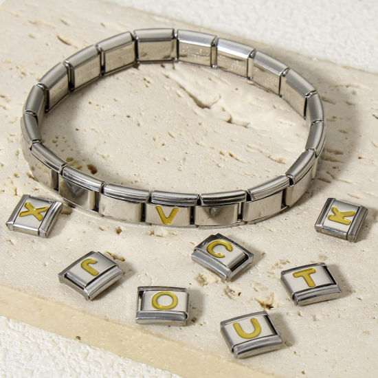 Image de 1 Pièce Bracelet à Maillons Breloques Italiens Accessories de Fabrication de Bracelets Bijoux DIY en 304 Acier Inoxydable Argent Mat Or Rectangle Alphabet Initial/ Lettre Majuscule Mots " A-Z " Émail 10mm x 9mm