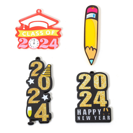 Image de 10 Pcs Pendentifs en Acrylique Année Noir Gravé Mots " 2024 "