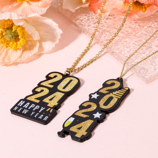 Image de 10 Pcs Pendentifs en Acrylique Année Noir Gravé Mots " 2024 "