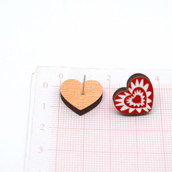 Image de 1 Paire Boucles d'Oreilles Puces La Saint Valentin en Bois Naturel Multicolore Cœur Cupidon