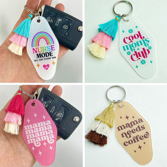 Image de 1 Pièce Porte-Clés Fête des Mères en Acrylique Multicolore Franges Pompons Glands Ovale