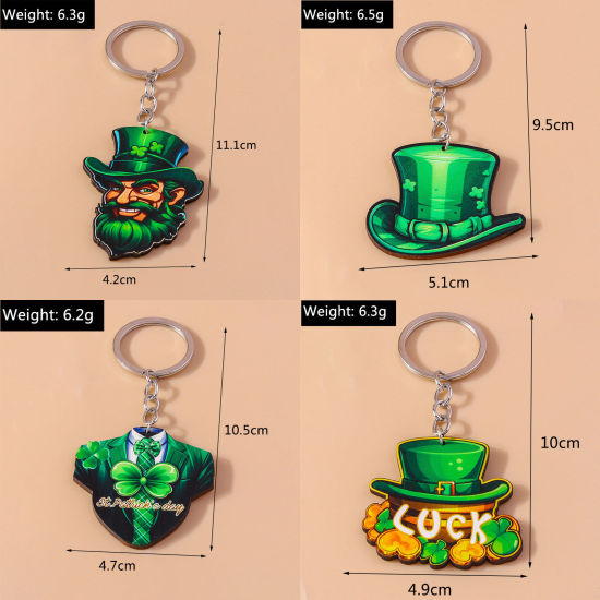 Image de 1 Pièce Porte-Clés Fête de la St Patrick en Bois Naturel Argent Mat Chapeau Nœuds Papillons
