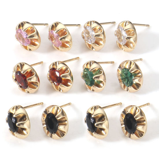 Image de 2 Pcs Placage Sous Vide Écologique À la Mode Boucles d'Oreilles Puces Pierres de Naissance en Cuivre & Zirconia Cubique Ovale Plaqué Or Véritable 18K Multicolore Anniversaire Pour Femmes