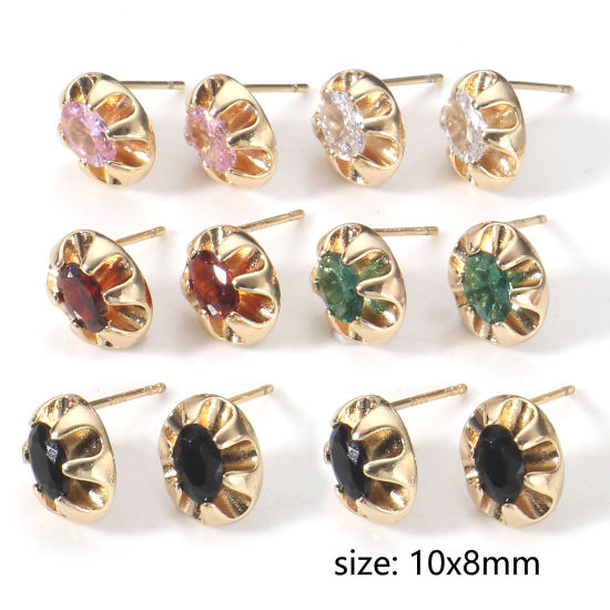 Image de 2 Pcs Placage Sous Vide Écologique À la Mode Boucles d'Oreilles Puces Pierres de Naissance en Cuivre & Zirconia Cubique Ovale Plaqué Or Véritable 18K Multicolore Anniversaire Pour Femmes