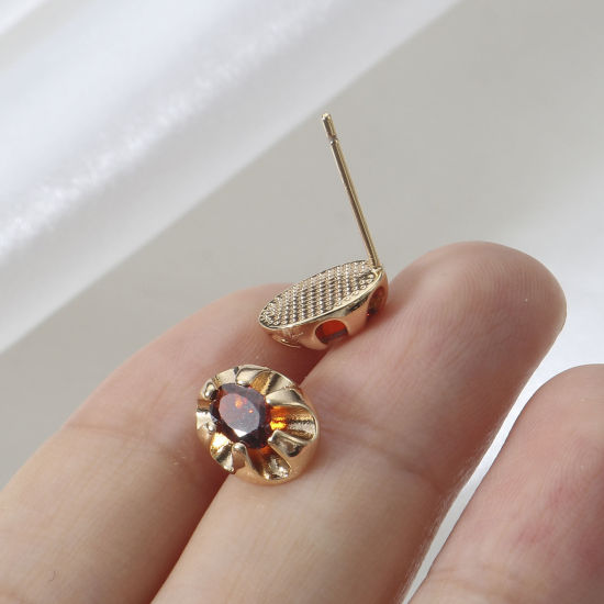Image de 2 Pcs Placage Sous Vide Écologique À la Mode Boucles d'Oreilles Puces Pierres de Naissance en Cuivre & Zirconia Cubique Ovale Plaqué Or Véritable 18K Multicolore Anniversaire Pour Femmes