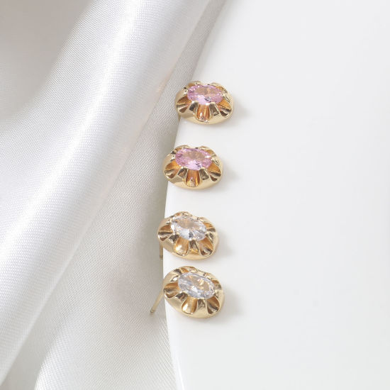 Image de 2 Pcs Placage Sous Vide Écologique À la Mode Boucles d'Oreilles Puces Pierres de Naissance en Cuivre & Zirconia Cubique Ovale Plaqué Or Véritable 18K Multicolore Anniversaire Pour Femmes