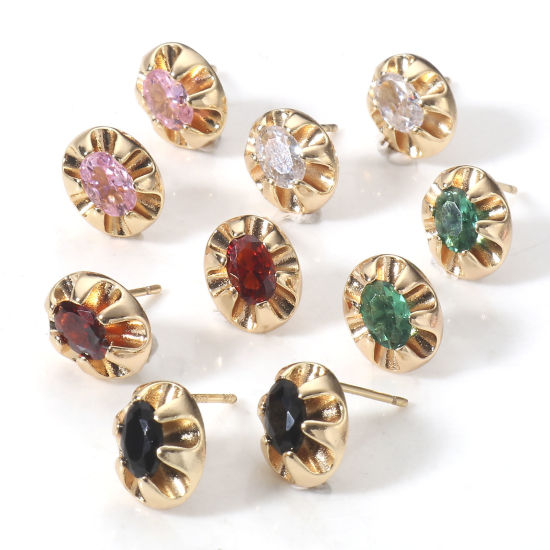 Image de 2 Pcs Placage Sous Vide Écologique À la Mode Boucles d'Oreilles Puces Pierres de Naissance en Cuivre & Zirconia Cubique Ovale Plaqué Or Véritable 18K Multicolore Anniversaire Pour Femmes