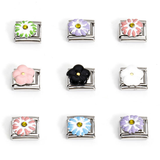 Image de 1 Pièce Bracelet à Maillons Breloques Italiens Accessories de Fabrication de Bracelets Bijoux DIY en 304 Acier Inoxydable Argent Mat Rectangle Motif Sculpté à Strass Jaune 10mm x 9mm