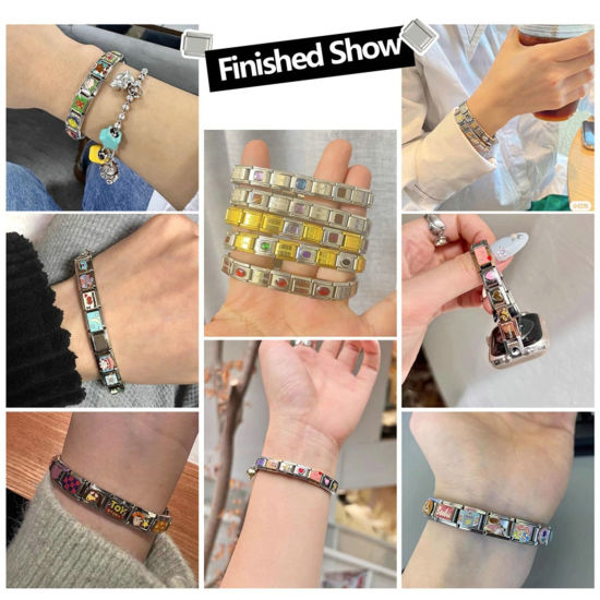 Image de 1 Pièce Bracelet à Maillons Breloques Italiens Accessories de Fabrication de Bracelets Bijoux DIY en 304 Acier Inoxydable Argent Mat Rectangle Motif Sculpté à Strass Jaune 10mm x 9mm