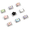 Picture of 304 Stainless Steel Italian Charm Links For DIY Bracelet Jewelry Making Silver Tone Rectangle Carved Pattern Yellow Rhinestone 10mm x 9mm