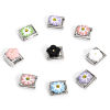 Picture of 304 Stainless Steel Italian Charm Links For DIY Bracelet Jewelry Making Silver Tone Rectangle Carved Pattern Yellow Rhinestone 10mm x 9mm