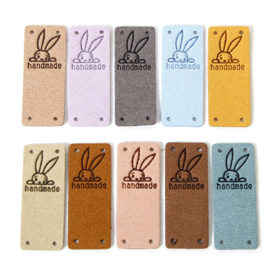 10 個 ポリウレタン 復活日 イースター 衣料用ラベル タグ 長方形 多色 ウサギ 「Hand Made」 5cm x 2cm の画像