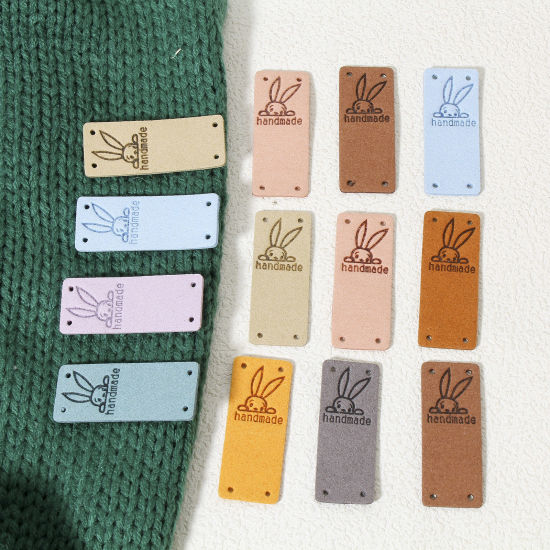 10 個 ポリウレタン 復活日 イースター 衣料用ラベル タグ 長方形 多色 ウサギ 「Hand Made」 5cm x 2cm の画像