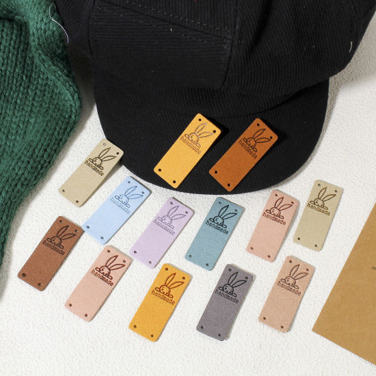 10 個 ポリウレタン 復活日 イースター 衣料用ラベル タグ 長方形 多色 ウサギ 「Hand Made」 5cm x 2cm の画像