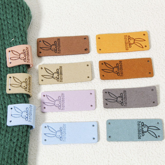 10 個 ポリウレタン 復活日 イースター 衣料用ラベル タグ 長方形 多色 ウサギ 「Hand Made」 5cm x 2cm の画像